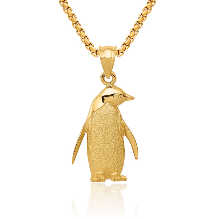 14K Solid Yellow Gold Penguin Antarctica Polar Bird Necklace Chain Pendant Charm