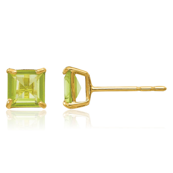 14K Solid Yellow Gold Green Peridot 5mm Square Studs Gemstone Earrings August Birthstone Jewelry