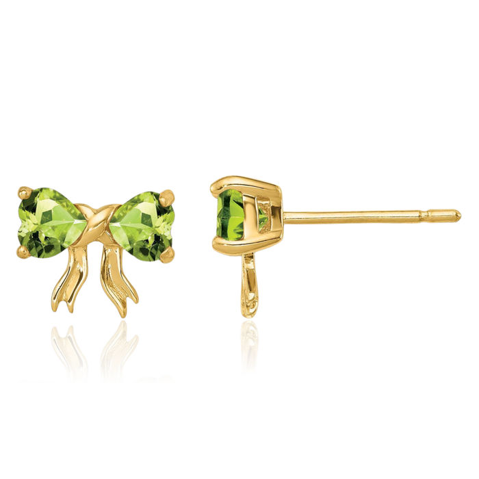 14K Solid Yellow Gold Green Peridot Bow Heart Stud Earrings August Birthstone Jewelry