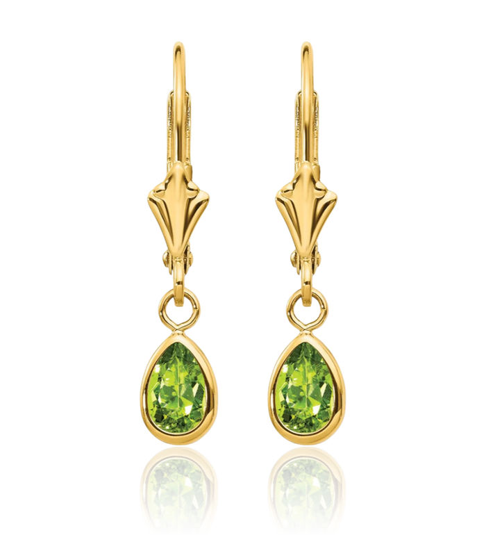 14K Solid Yellow Gold Green Peridot Drop Dangle Earrings Pear Teardrop Gemstone August Birthstone Jewelry