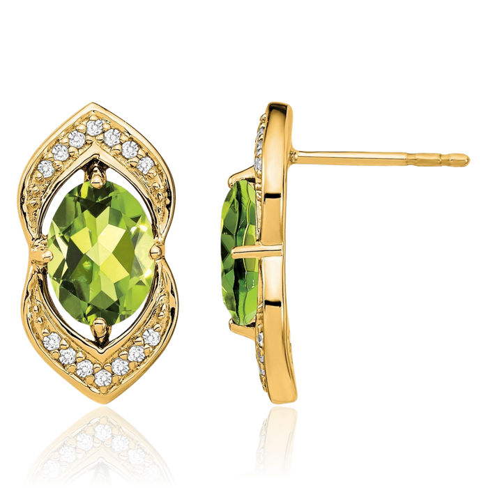 14K Solid Yellow Gold Green Peridot Diamond Drop Dangle Earrings August Birthstone Jewelry