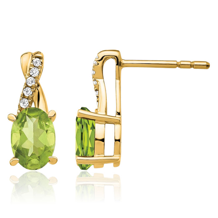 14K Solid Yellow Gold Green Peridot Diamond Drop Dangle Earrings Gemstone Post Push Back August Birthstone Jewelry