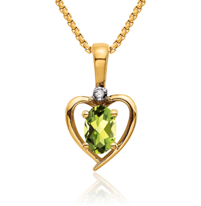 14K Solid Yellow Gold Green Peridot Diamond Heart Necklace Gemstone Pendant Charm April August Birthstone Jewelry