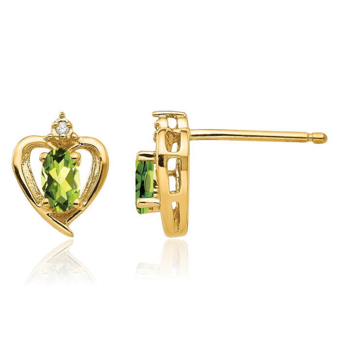 14K Solid Yellow Gold Green Peridot Diamond Heart Stud Earrings August Birthstone Jewelry