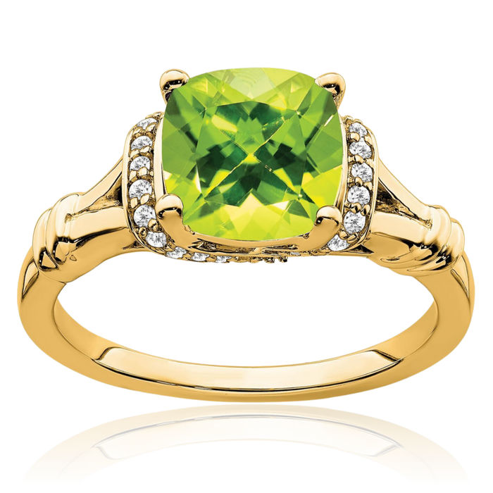 14K Solid Yellow Gold Green Peridot Diamond Ring Gemstone Band August Birthstone Jewelry