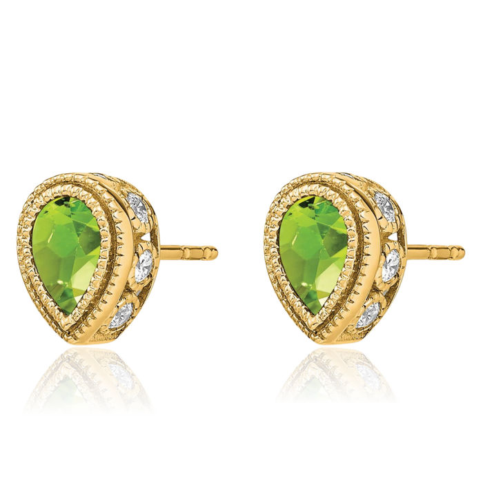 14K Solid Yellow Gold Green Peridot Diamond Studs Pear Teardrop Gemstone Earrings August Birthstone Jewelry