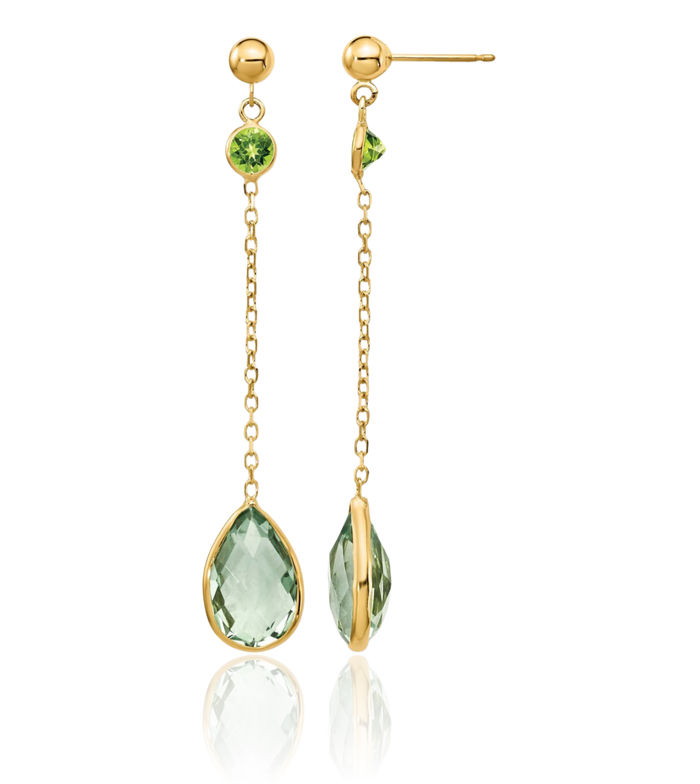 14K Solid Yellow Gold Peridot Green Quartz Drop Dangle Earrings Gemstone Post Push Back