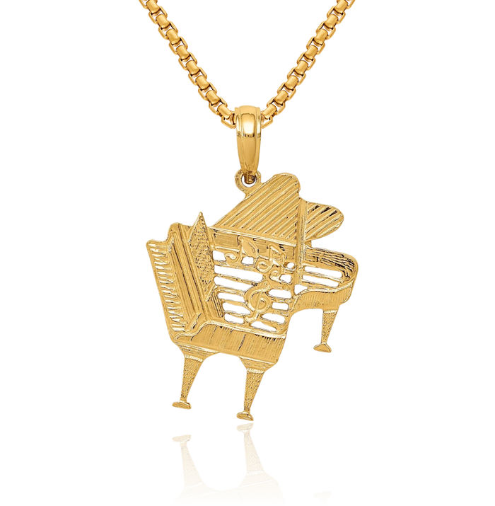 14K Solid Yellow Gold Piano Necklace Chain Pendant Charm