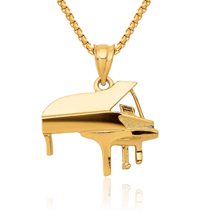 14K Solid Yellow Gold Piano Necklace Chain Pendant Charm