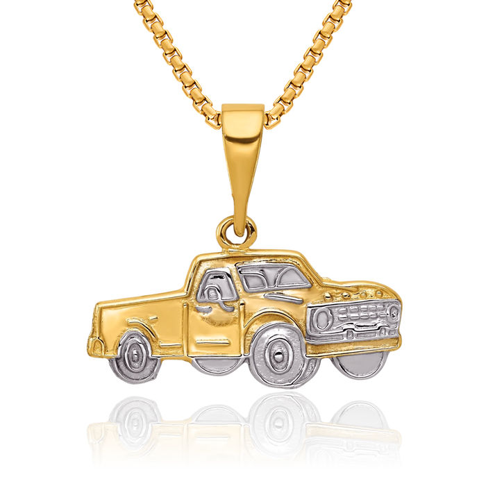 14K Solid Yellow Gold Pick Up Truck Necklace Mechanic Chain Pendant Charm