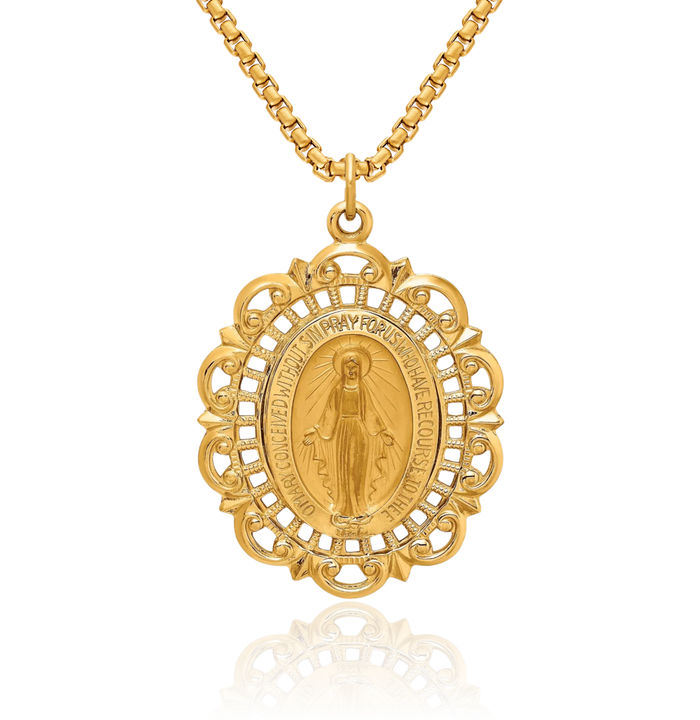 14K Solid Yellow Gold Pierced Oval Our Lady of Miraculous Medal Blessed Virgin Mary Necklace Chain Pendant Charm