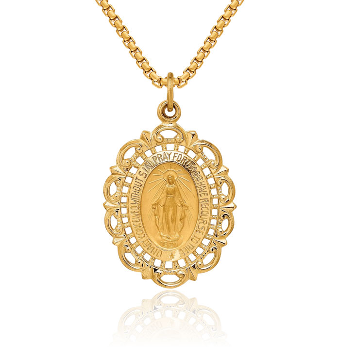 14K Solid Yellow Gold Pierced Oval Our Lady of Miraculous Medal Blessed Virgin Mary Necklace Chain Pendant Charm