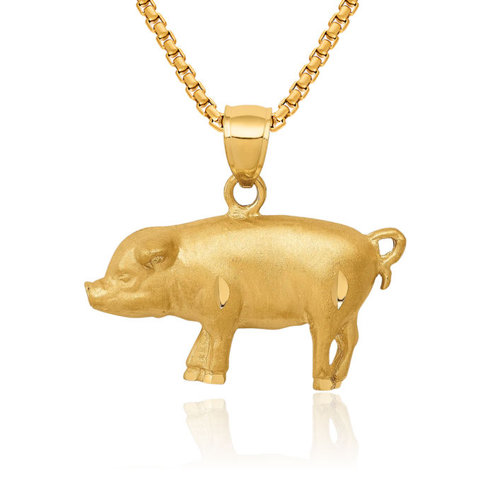 14K Solid Yellow Gold Piglet Pig Necklace Chain Pendant Charm