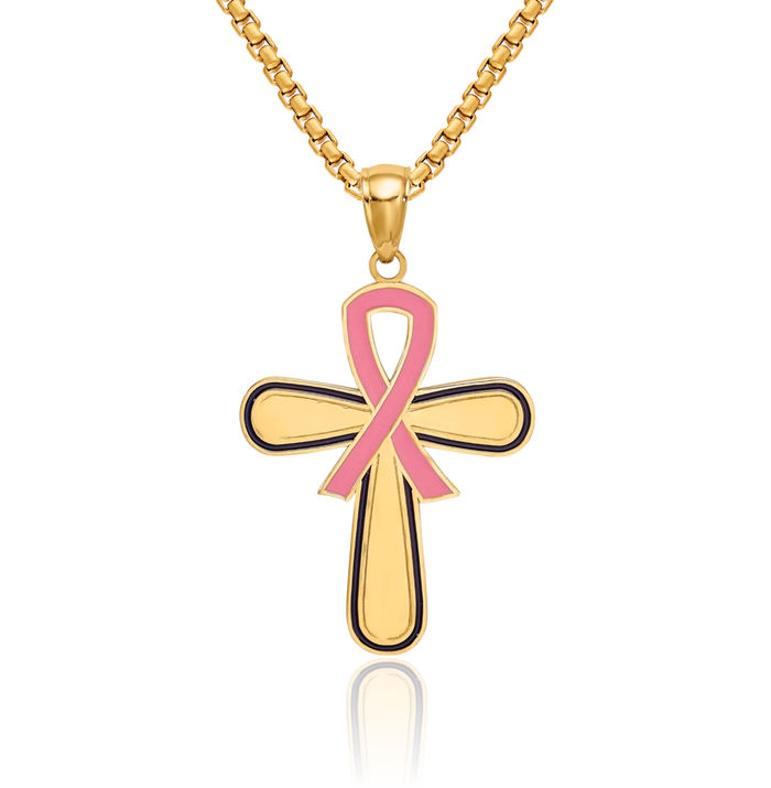 14K Solid Yellow Gold Pink Awareness Ribbon Breast Cancer Holy Cross Necklace Religious Chain Pendant Jesus Christ Charm