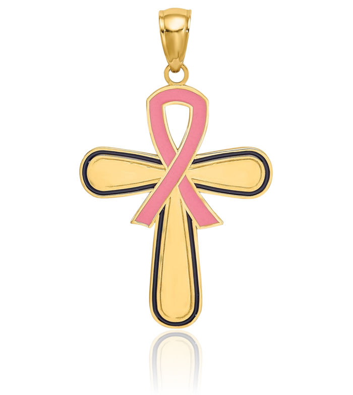 14K Solid Yellow Gold Pink Awareness Ribbon Breast Cancer Holy Cross Necklace Religious Chain Pendant Jesus Christ Charm
