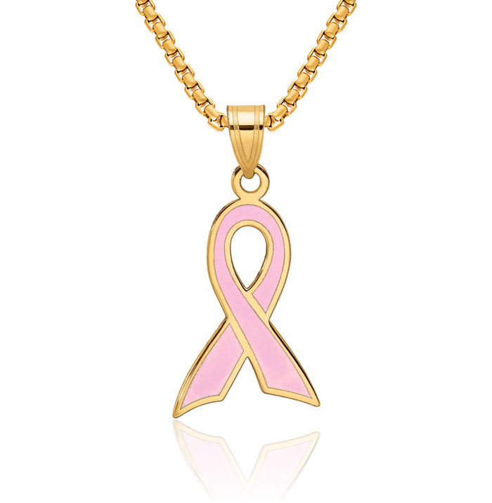 14K Solid Yellow Gold Pink Breast Cancer Awareness Ribbon Necklace Chain Pendant Charm