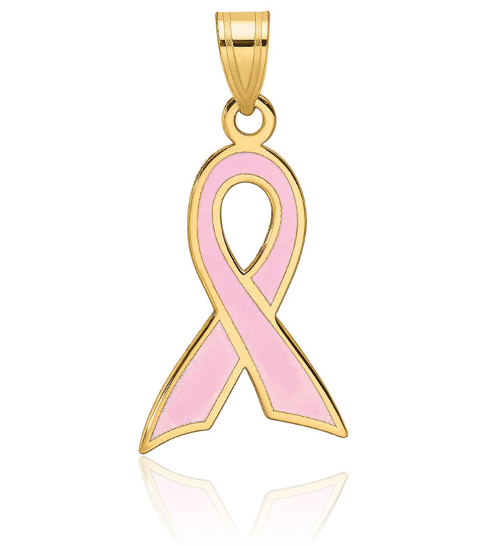 14K Solid Yellow Gold Pink Breast Cancer Awareness Ribbon Necklace Chain Pendant Charm