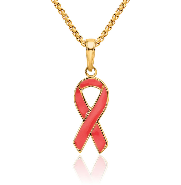14K Solid Yellow Gold Pink Breast Cancer Awareness Ribbon Necklace Chain Pendant Charm