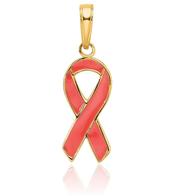 14K Solid Yellow Gold Pink Breast Cancer Awareness Ribbon Necklace Chain Pendant Charm