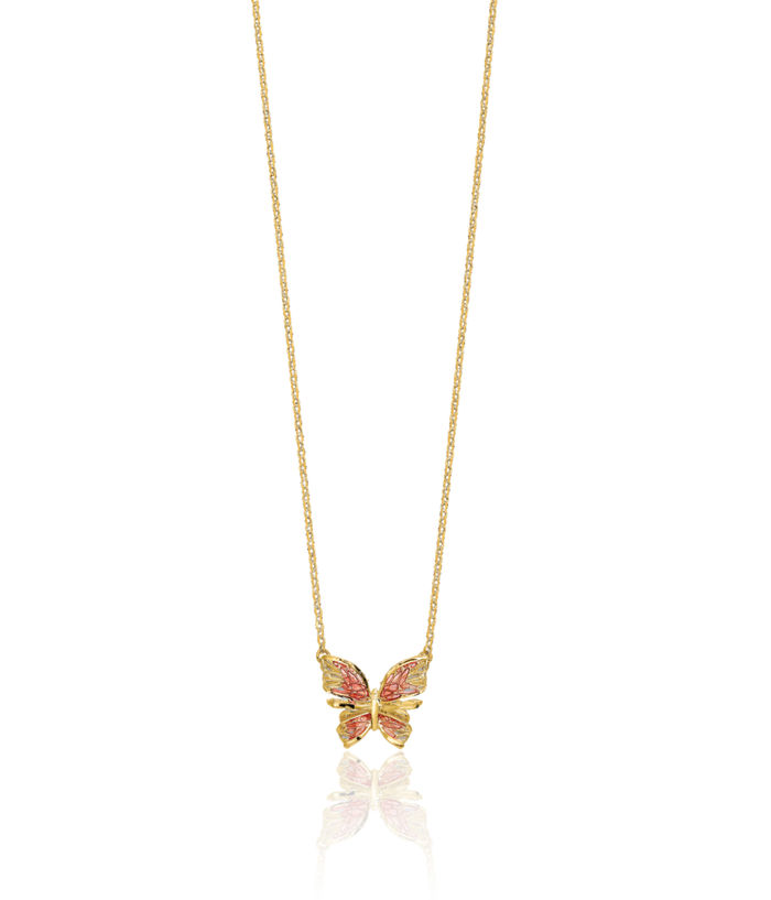 14K Solid Yellow Gold Pink Butterfly Wings Chain Necklace