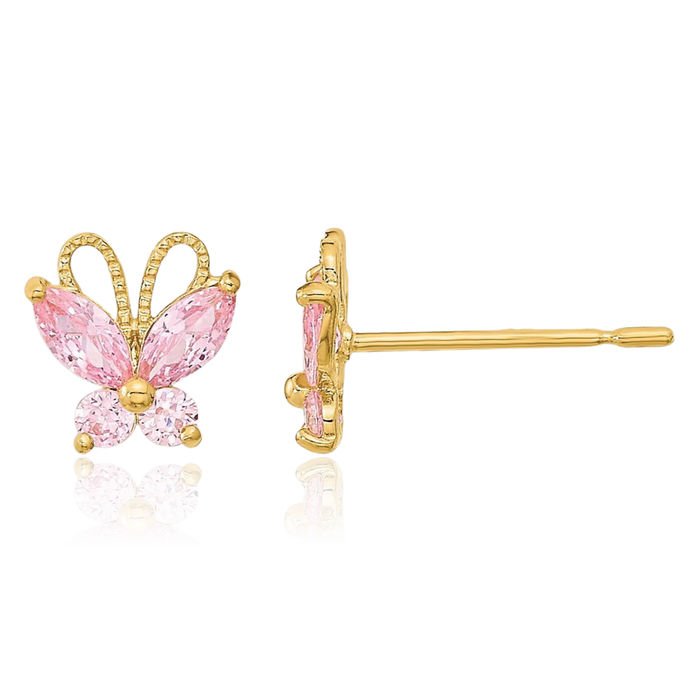 14K Solid Yellow Gold Pink Cubic Zirconia CZ Butterfly Wings Stud Earrings