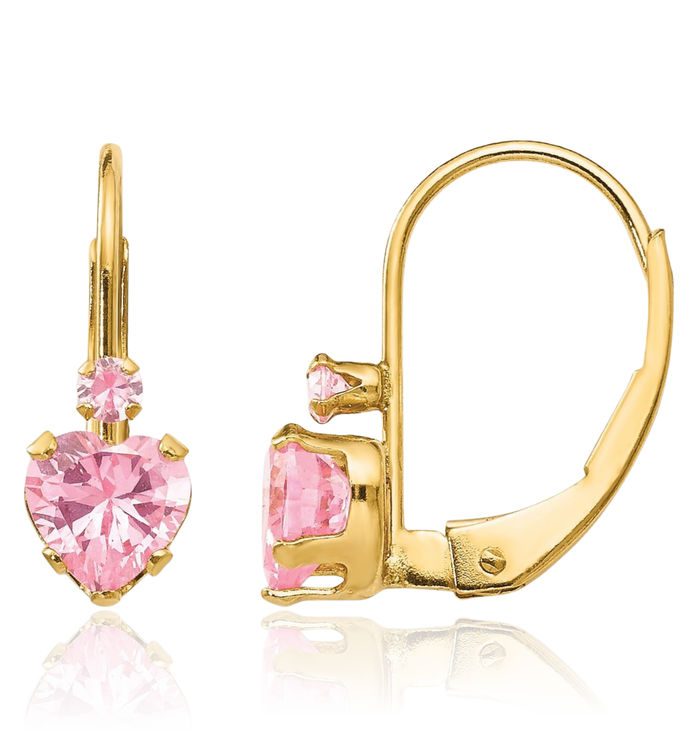 14K Solid Yellow Gold Pink Cubic Zirconia CZ Heart Drop Dangle Earrings