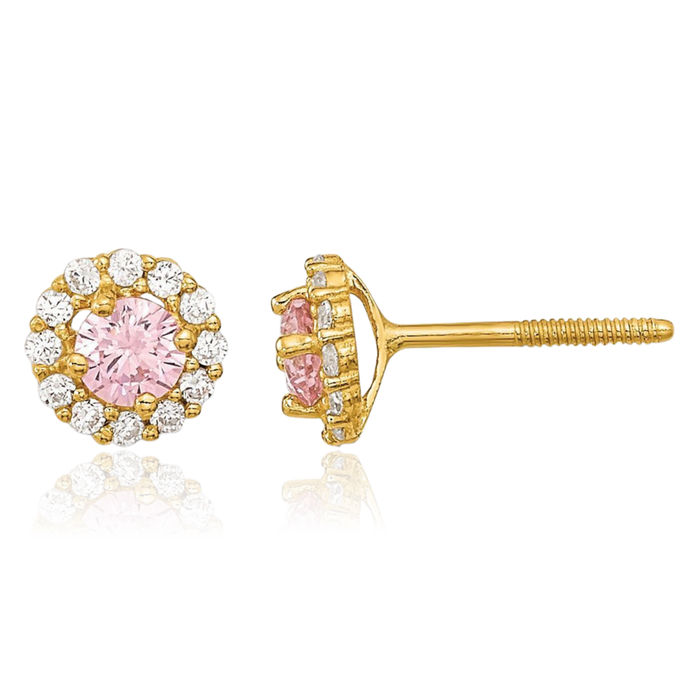 14K Solid Yellow Gold Pink Cubic Zirconia CZ Screw Back Stud Earrings
