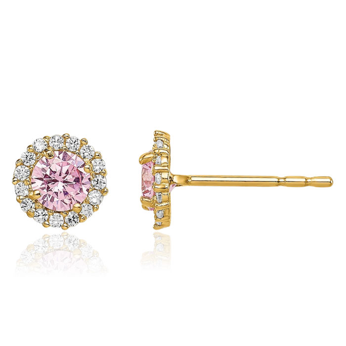 14K Solid Yellow Gold Pink Cubic Zirconia CZ Stud Earrings