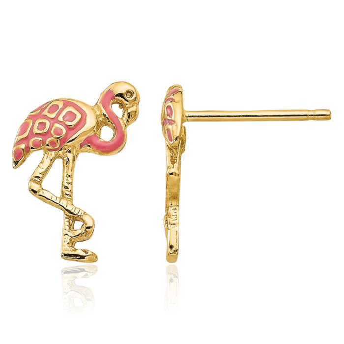 14K Solid Yellow Gold Pink Flamingo Studs Summer Beach Earrings Tropical Bird Jewelry