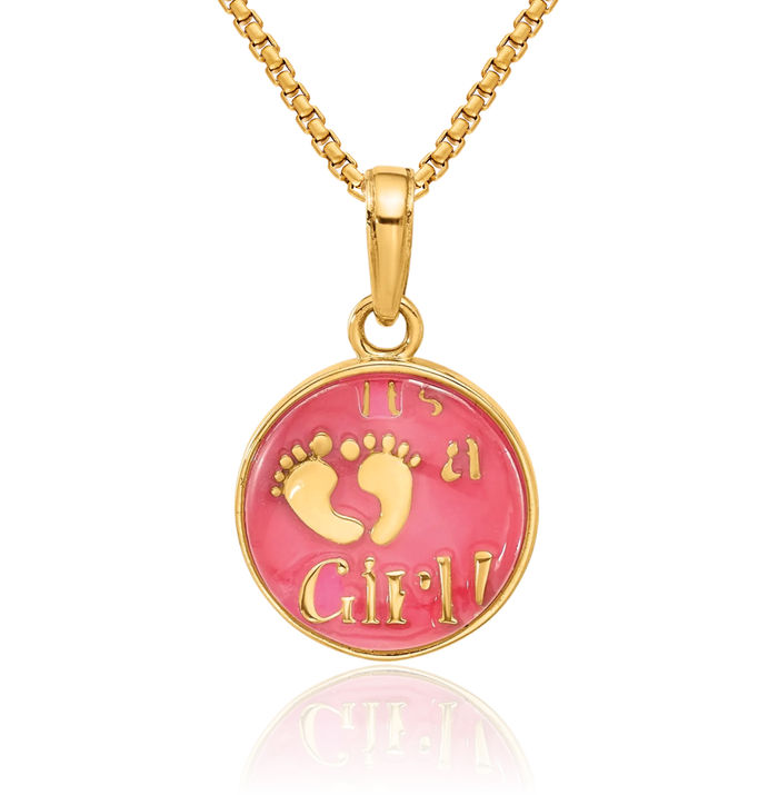 14K Solid Yellow Gold Pink Its Girl Necklace Chain Pendant Charm