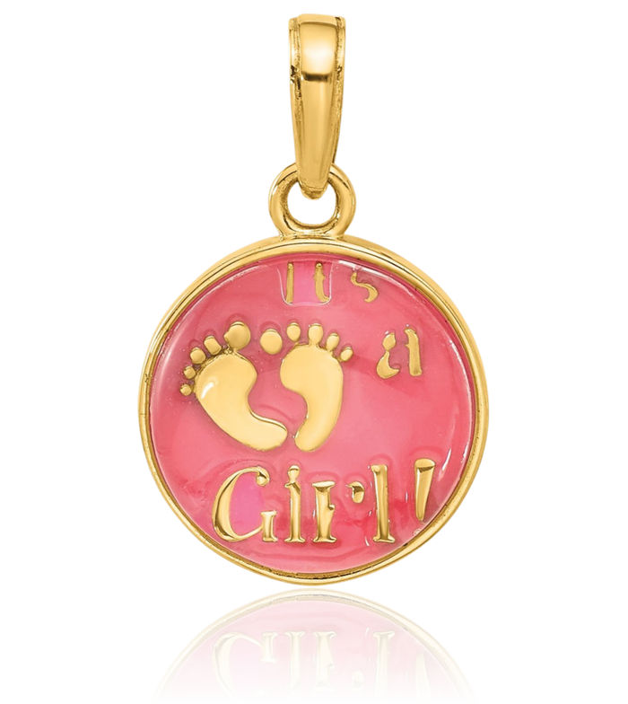 14K Solid Yellow Gold Pink Its Girl Necklace Chain Pendant Charm