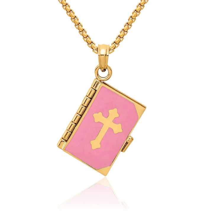 14K Solid Yellow Gold Pink Lords Prayer Bible Necklace Chain Pendant Charm
