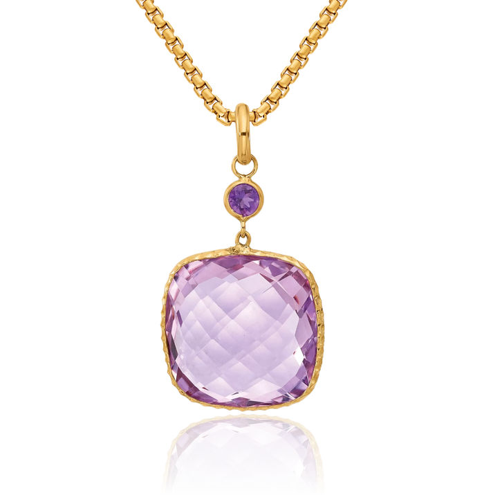 14K Solid Yellow Gold Pink Quartz Purple Amethyst Necklace Charm Gemstone Pendant