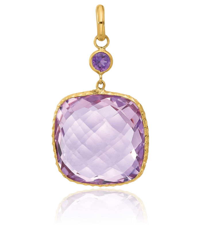 14K Solid Yellow Gold Pink Quartz Purple Amethyst Necklace Charm Gemstone Pendant