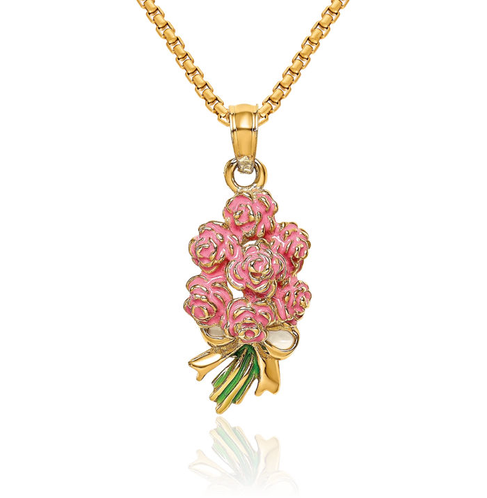 14K Solid Yellow Gold Bouquet of Pink Rose Flower Flowers Necklace Chain Pendant Charm