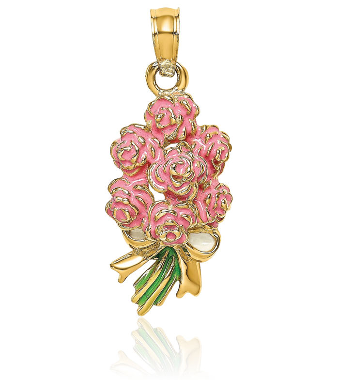 14K Solid Yellow Gold Bouquet of Pink Rose Flower Flowers Necklace Chain Pendant Charm