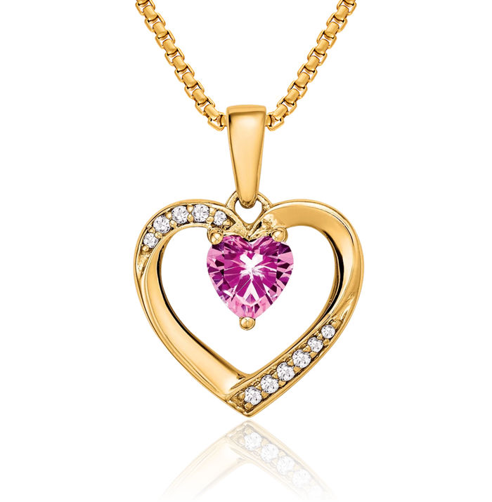 14K Solid Yellow Gold Pink Sapphire Diamond Heart Necklace Charm Gemstone Pendant