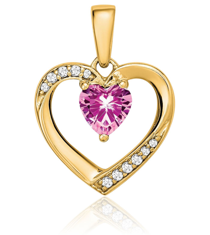 14K Solid Yellow Gold Pink Sapphire Diamond Heart Necklace Charm Gemstone Pendant