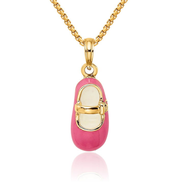 14K Solid Yellow Gold Pink Shoe Necklace Chain Pendant Charm