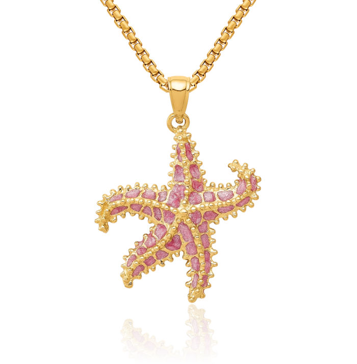 14K Solid Yellow Gold Pink Starfish Necklace Chain Pendant Charm