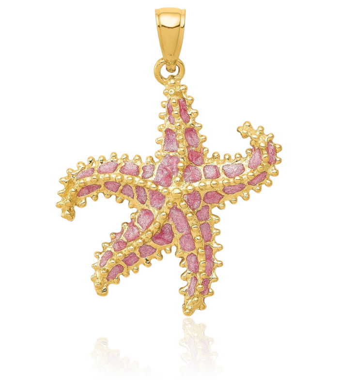 14K Solid Yellow Gold Pink Starfish Necklace Chain Pendant Charm