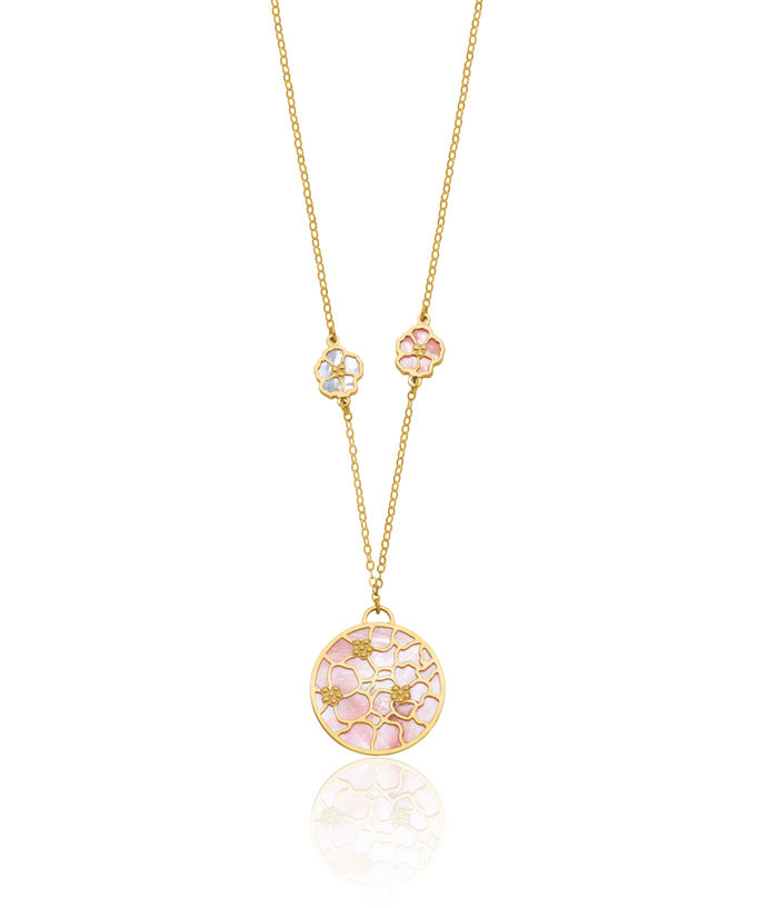 14K Solid Yellow Gold Pink White Mother of Pearl Flower Necklace Chain