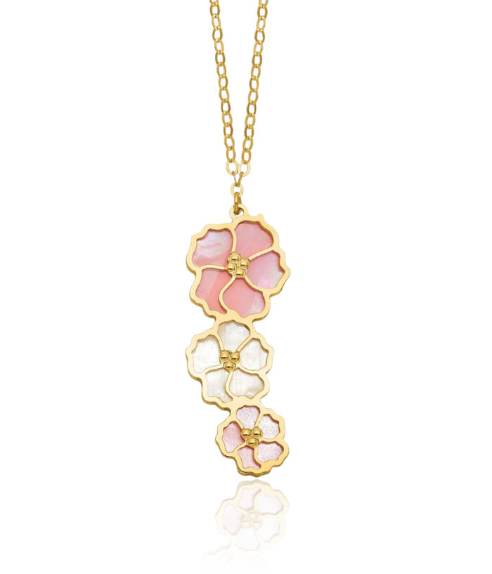 14K Solid Yellow Gold Pink White Mother of Pearl Flowers Necklace Chain