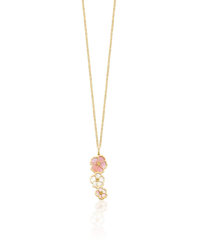 14K Solid Yellow Gold Pink White Mother of Pearl Flowers Necklace Chain