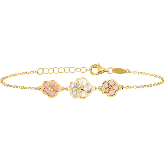 14K Solid Yellow Gold Pink White Mother of Pearl Flowers Chain Charm Bracelet