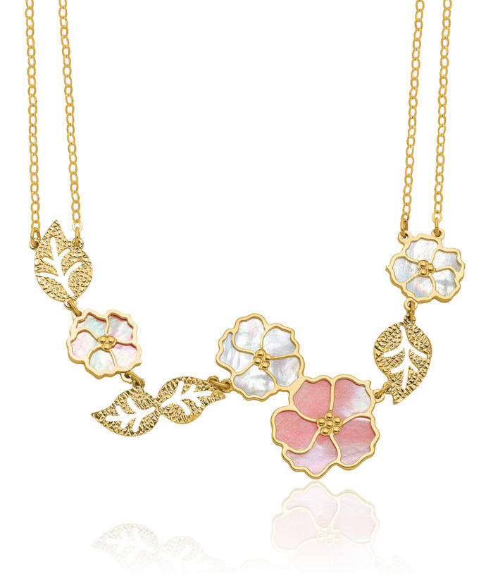 14K Solid Yellow Gold Pink White Mother of Pearl Reversible Flower Chain Necklace