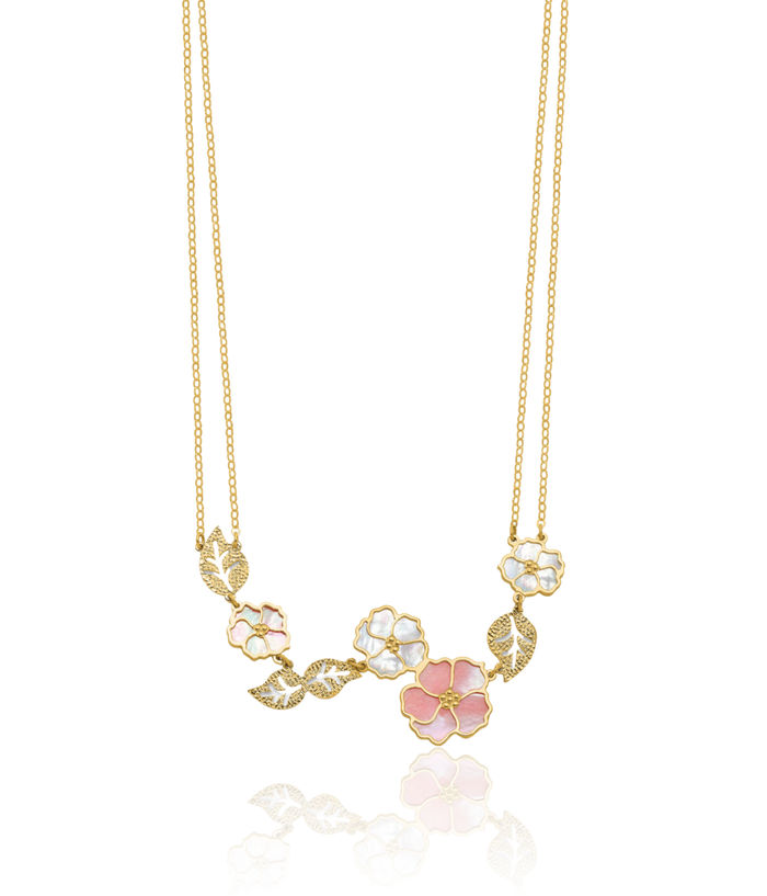 14K Solid Yellow Gold Pink White Mother of Pearl Reversible Flower Chain Necklace