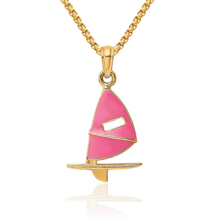 14K Solid Yellow Gold Pink Windsail Surf Board Necklace Swimming Water Seashore Boating Charm Sports Pendant