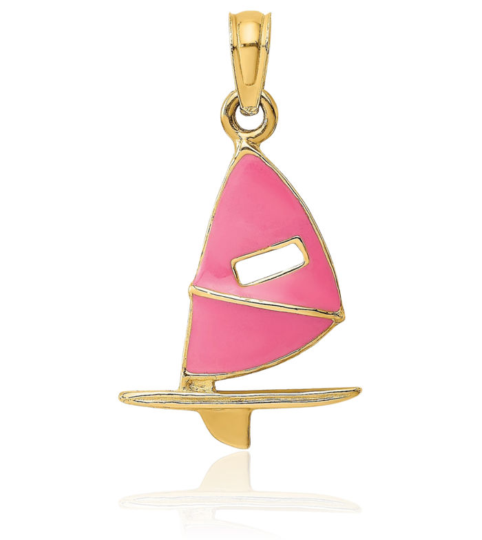 14K Solid Yellow Gold Pink Windsail Surf Board Necklace Swimming Water Seashore Boating Charm Sports Pendant