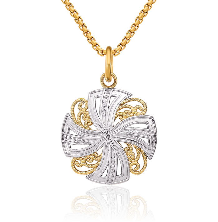 14K Solid Yellow Gold Pinwheel Medallion Necklace Chain Pendant Charm